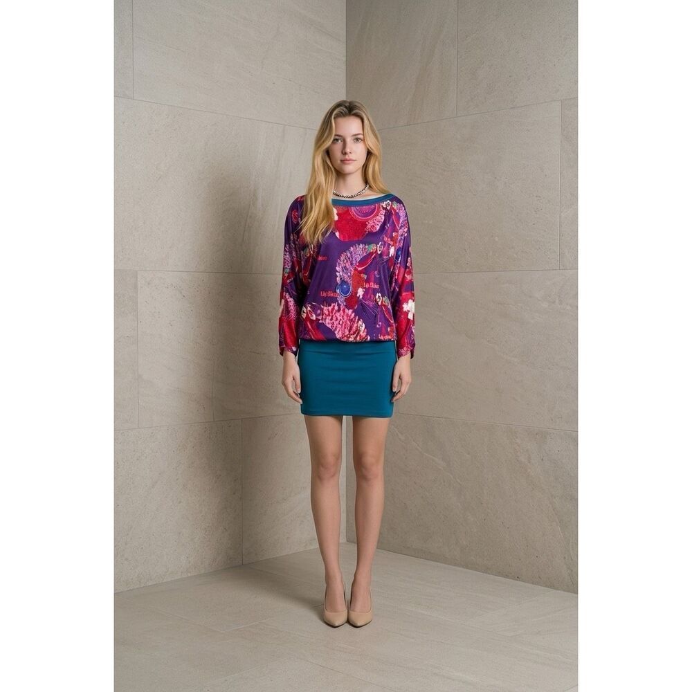 Custo Barcelona Printed Mini Dress Tunic Multicolor Purple Blue Lip Shine Graphi